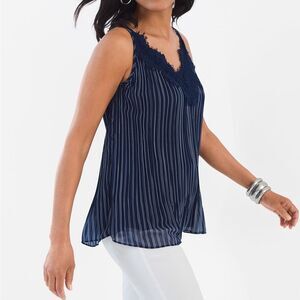 Chico’s Convertible Striped Tank Lace Pleated Blue Striped Blouse Size 1
